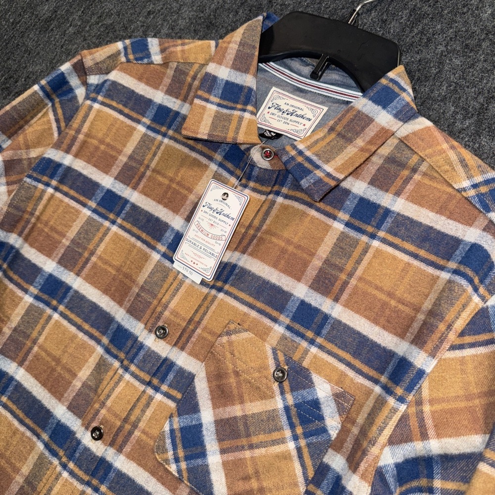 Flag & Anthem Mens Medium Brown Blue Plaid Flannel Button Down Shirt Workwear‎